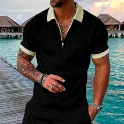 OUKU Men's Geometric Hawaiian Polo Shirts Golf Shirt Short Sleeve Polo Shirts Collared Shirts Casual Beach Wear Vacation Wear Party Outfits 3D Print Quarter Zip Polo White gray Black Light Green