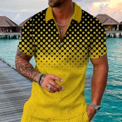 New OUKU Men's Geometric Hawaiian Polo Shirts Golf Shirt Short Sleeve Polo Shirts Collared Shirts Casual Beach Wear Vacation Wear Party Outfits 3D Print Quarter Zip Polo Yellow Pink Blue