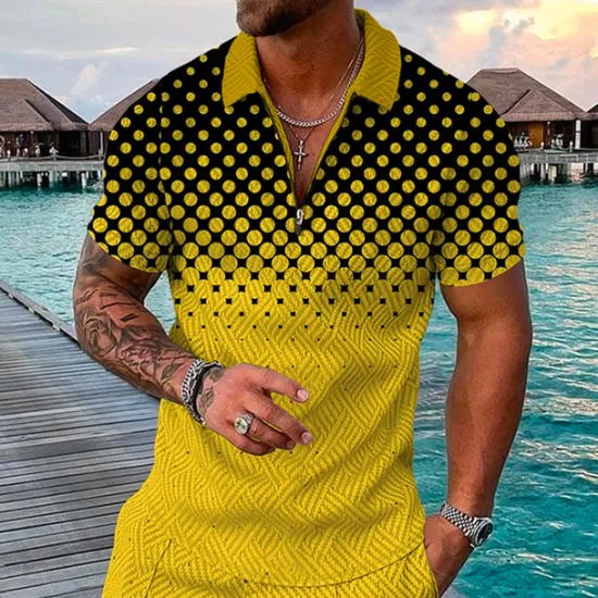 New OUKU Men's Geometric Hawaiian Polo Shirts Golf Shirt Short Sleeve Polo Shirts Collared Shirts Casual Beach Wear Vacation Wear Party Outfits 3D Print Quarter Zip Polo Yellow Pink Blue