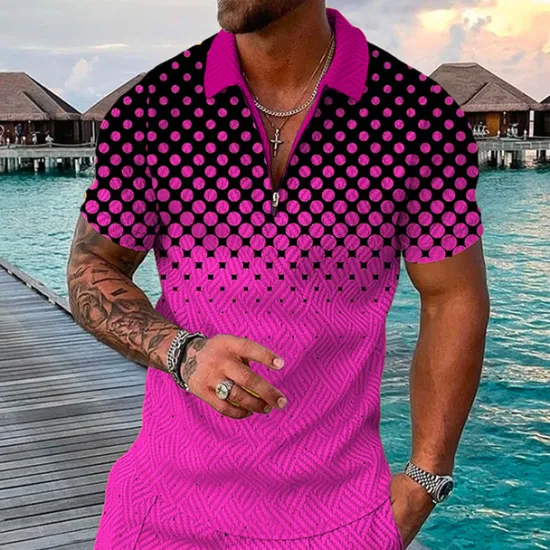 New OUKU Men's Geometric Hawaiian Polo Shirts Golf Shirt Short Sleeve Polo Shirts Collared Shirts Casual Beach Wear Vacation Wear Party Outfits 3D Print Quarter Zip Polo Yellow Pink Blue