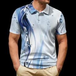 OUKU Men's Geometric Hawaiian Polo Shirts Golf Shirt Short Sleeve Polo Shirts Collared Shirts Casual Beach Wear Vacation Wear Party Outfits Buttons 3D Print Blue Dark Blue Gray+Blue