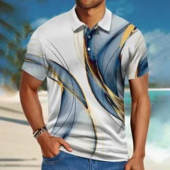 OUKU Men's Geometric Hawaiian Polo Shirts Golf Shirt Short Sleeve Polo Shirts Collared Shirts Casual Beach Wear Vacation Wear Party Outfits Buttons 3D Print Blue Dark Blue Gray+Blue