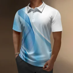 OUKU Men's Geometric Hawaiian Polo Shirts Golf Shirt Short Sleeve Polo Shirts Collared Shirts Casual Beach Wear Vacation Wear Party Outfits Buttons 3D Print Blue Dark Blue Gray+Blue
