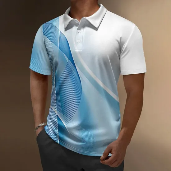 OUKU Men's Geometric Hawaiian Polo Shirts Golf Shirt Short Sleeve Polo Shirts Collared Shirts Casual Beach Wear Vacation Wear Party Outfits Buttons 3D Print Blue Dark Blue Gray+Blue