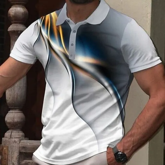 OUKU Men's Geometric Hawaiian Polo Shirts Golf Shirt Short Sleeve Polo Shirts Collared Shirts Casual Beach Wear Vacation Wear Party Outfits Buttons 3D Print Blue Dark Blue Gray+Blue