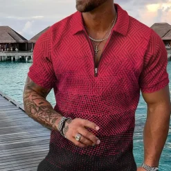Best OUKU Men's Geometric Hawaiian Polo Shirts Golf Shirt Short Sleeve Polo Shirts Collared Shirts Casual Beach Wear Vacation Wear Party Outfits 3D Print Quarter Zip Polo Yellow Pink Blue