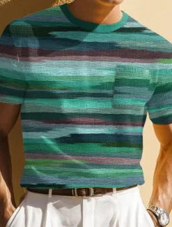 OUKU Men's Geometric Horizontal Stripes Waffle Shirt Short Sleeve T shirt Print Crew Neck Shirt Fashion Daily Designer Street Casual Daily Blue Brown Green Summer Spring Clothing Apparel S M L XL XXL XXXL