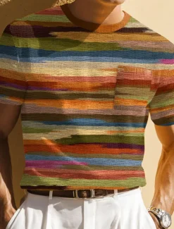 OUKU Men's Geometric Horizontal Stripes Waffle Shirt Short Sleeve T shirt Print Crew Neck Shirt Fashion Daily Designer Street Casual Daily Blue Brown Green Summer Spring Clothing Apparel S M L XL XXL XXXL