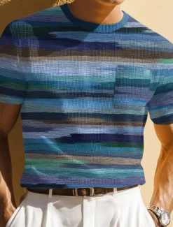 OUKU Men's Geometric Horizontal Stripes Waffle Shirt Short Sleeve T shirt Print Crew Neck Shirt Fashion Daily Designer Street Casual Daily Blue Brown Green Summer Spring Clothing Apparel S M L XL XXL XXXL