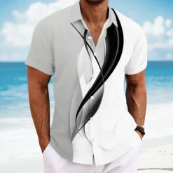 Sale OUKU Men's Geometric Line Abstract Art Shirt Summer Shirt Button Up Shirt Short Sleeve Fashion Casual Vacation Dailywear Beach Wear Summer Spring Turndown 3D Print Linen Like Shirt Yellow Blue Light Grey