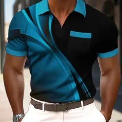 New OUKU Men's Geometric Line Polo Short Sleeve Polo Shirts Collared Shirts Business Casual Outdoor Athleisure Daily Wear 3D Print Buttons Summer Blue Purple Green