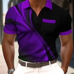 New OUKU Men's Geometric Line Polo Short Sleeve Polo Shirts Collared Shirts Business Casual Outdoor Athleisure Daily Wear 3D Print Buttons Summer Blue Purple Green