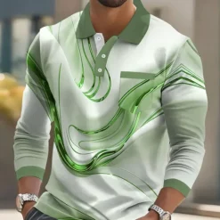 New OUKU Men's Geometric Line Polo Long Sleeve Polo Shirts Collared Shirts Business Casual Business Athleisure Daily Wear Pocket 3D Print Buttons Spring Fall Winter Blue Gold Green