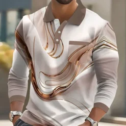 New OUKU Men's Geometric Line Polo Long Sleeve Polo Shirts Collared Shirts Business Casual Business Athleisure Daily Wear Pocket 3D Print Buttons Spring Fall Winter Blue Gold Green