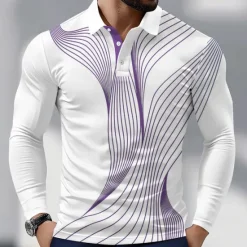New OUKU Men's Geometric Line Polo Long Sleeve Polo Shirts Collared Shirts Business Casual Athleisure Daily Wear 3D Print Spring Fall Blue Purple Green