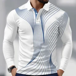 New OUKU Men's Geometric Line Polo Long Sleeve Polo Shirts Collared Shirts Business Casual Athleisure Daily Wear 3D Print Spring Fall Blue Purple Green