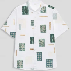 New OUKU Men's Geometric Linen Shirt Casual Shirt Button Up Shirt Short Sleeve Fashion Daily Sports & Outdoors Outdoor Sport Causal Lapel Buttons White