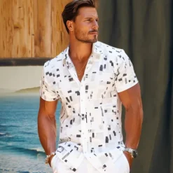 Sale OUKU Men's Geometric Linen Shirt Casual Shirt Button Up Shirt Short Sleeve Daily Sports & Outdoors Outdoor Sports & Outdoor Office / Career Turndown Buttons Pocket White