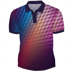 Discount OUKU Men's Geometric Neon Hawaiian Polo Shirts Golf Shirt Short Sleeve Polo Shirts Collared Shirts Beach Wear Vacation Wear Party Outfits Buttons 3D Print Summer Blue