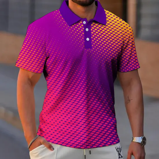 New OUKU Men's Geometric Neon Polo Shirts Golf Shirt Short Sleeve Polo Shirts Collared Shirts Casual Vacation Wear Formal Wear Festival Wear Buttons 3D Print White Purple Gray