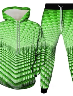 Sale OUKU Men's Geometric Optical Illusion 2pcs 3D Sweatshirt Sets Tracksuit Hoodie Sweatshirt Long Sleeve Long pants Hooded Casual Daily Athleisure 3D Print Spring Fall Winter Yellow Green Red