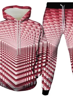 Sale OUKU Men's Geometric Optical Illusion 2pcs 3D Sweatshirt Sets Tracksuit Hoodie Sweatshirt Long Sleeve Long pants Hooded Casual Daily Athleisure 3D Print Spring Fall Winter Yellow Green Red