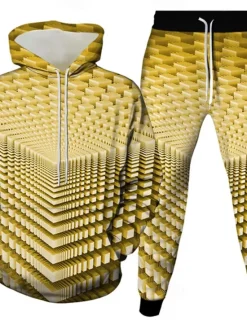 Sale OUKU Men's Geometric Optical Illusion 2pcs 3D Sweatshirt Sets Tracksuit Hoodie Sweatshirt Long Sleeve Long pants Hooded Casual Daily Athleisure 3D Print Spring Fall Winter Yellow Green Red