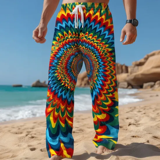 New OUKU Men's Geometric Optical Illusion Trousers Baggy Pants Casual Pants Mid Waist Casual Outdoor Vacation Elastic Drawstring Waist Linen-Like Pants with Pockets Summer Spring Fall 3D Print Blue Rainbow