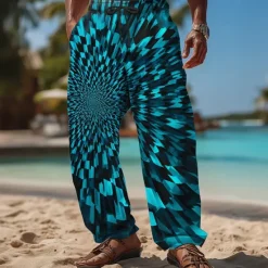 New OUKU Men's Geometric Optical Illusion Trousers Baggy Pants Casual Pants Mid Waist Casual Outdoor Vacation Elastic Drawstring Waist Linen-Like Pants with Pockets Summer Spring Fall 3D Print Blue Rainbow