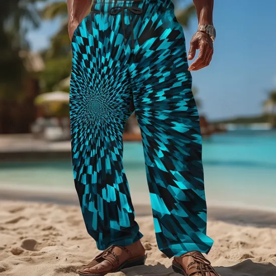 New OUKU Men's Geometric Optical Illusion Trousers Baggy Pants Casual Pants Mid Waist Casual Outdoor Vacation Elastic Drawstring Waist Linen-Like Pants with Pockets Summer Spring Fall 3D Print Blue Rainbow