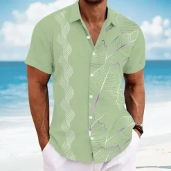 Online OUKU Men's Geometric Palm Leaf Tropical Plants Shirt Guayabera Shirt Button Up Shirt Short Sleeve Hawaiian Vacation Dailywear Beach Wear Summer Spring Turndown 3D Print Collared Shirts Pink Blue Sky Blue