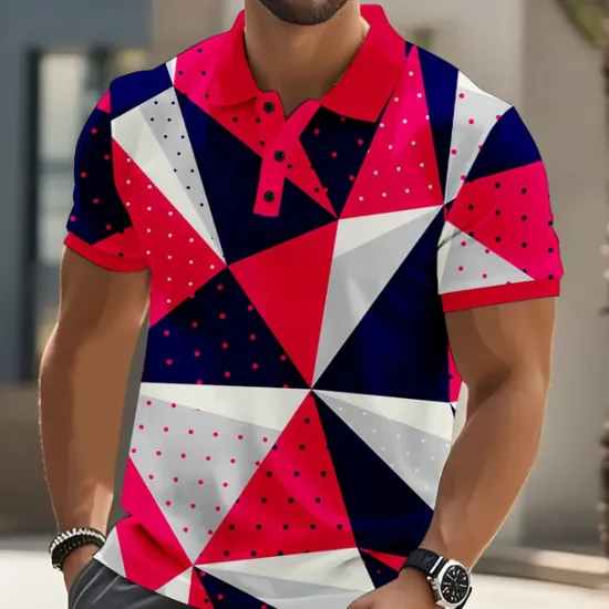 Hot OUKU Men's Geometric Pattern Abstract Polo Short Sleeve Polo Shirts Collared Shirts Casual Street Athleisure Daily Wear Buttons Summer Red Blue Green