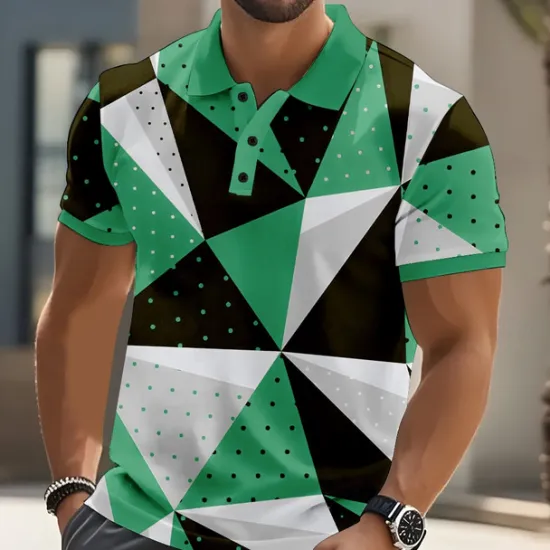 Hot OUKU Men's Geometric Pattern Abstract Polo Short Sleeve Polo Shirts Collared Shirts Casual Street Athleisure Daily Wear Buttons Summer Red Blue Green