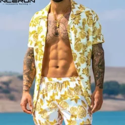 Online OUKU Men's Geometric Pattern Geometry 2pcs Shirts Sets Summer Hawaiian Shirt Short Sleeve Short Pants Cuban Collar Tropical Fashion Hawaiian Casual Holiday Beach Print Summer Spring Yellow Orange Coffee