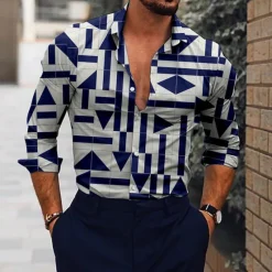Best OUKU Men's Geometric Pattern Geometry Shirt Button Up Shirt Long Sleeve Fashion Designer Casual Outdoor Casual Holiday Summer Spring Turndown Print Button-Down Navy Blue