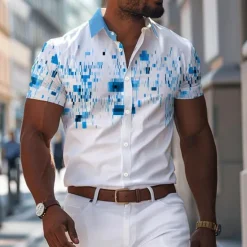 Discount OUKU Men's Geometric Pattern Geometry Printed Shirts Short Sleeve Business Casual Outdoor Street Wear to work Summer Turndown Print Button-Down White Blue Orange