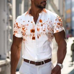 Discount OUKU Men's Geometric Pattern Geometry Printed Shirts Short Sleeve Business Casual Outdoor Street Wear to work Summer Turndown Print Button-Down White Blue Orange