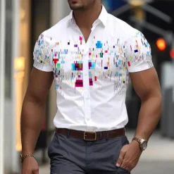 Discount OUKU Men's Geometric Pattern Geometry Printed Shirts Short Sleeve Business Casual Outdoor Street Wear to work Summer Turndown Print Button-Down White Blue Orange