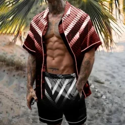 Discount OUKU Men's Geometric Pattern Geometry 2pcs Shirts Sets Summer Hawaiian Shirt Short Sleeve Short Pants Turndown Tropical Fashion Hawaiian Casual Holiday Beach Print Summer Spring Black Yellow Red