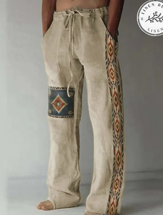 Outlet OUKU Men's Geometric Pattern Graphic Prints Linen Pants Trousers Summer Pants Mid Waist Vintage Ethnic Style Retro Vintage Casual Daily Holiday Drawstring Elastic Waist 3D Print Spring & Summer 3D Print