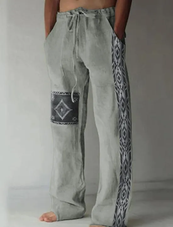 Outlet OUKU Men's Geometric Pattern Graphic Prints Linen Pants Trousers Summer Pants Mid Waist Vintage Ethnic Style Retro Vintage Casual Daily Holiday Drawstring Elastic Waist 3D Print Spring & Summer 3D Print
