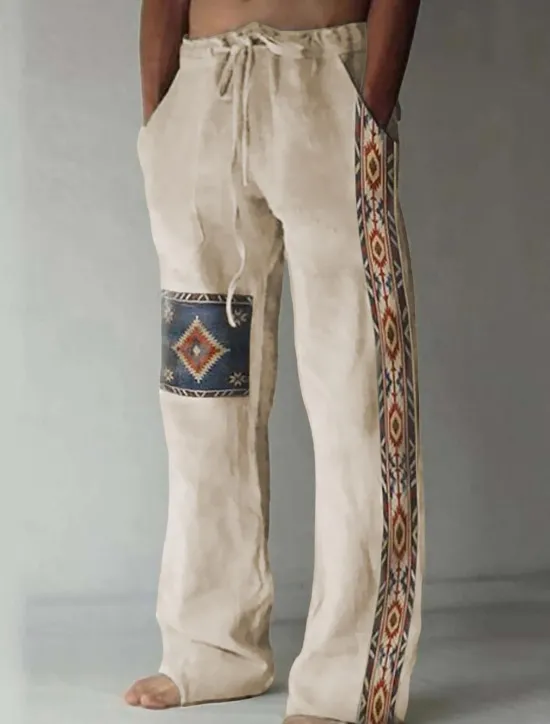 Outlet OUKU Men's Geometric Pattern Graphic Prints Linen Pants Trousers Summer Pants Mid Waist Vintage Ethnic Style Retro Vintage Casual Daily Holiday Drawstring Elastic Waist 3D Print Spring & Summer 3D Print