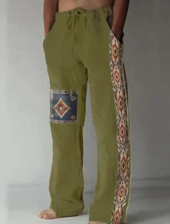 Outlet OUKU Men's Geometric Pattern Graphic Prints Linen Pants Trousers Summer Pants Mid Waist Vintage Ethnic Style Retro Vintage Casual Daily Holiday Drawstring Elastic Waist 3D Print Spring & Summer 3D Print