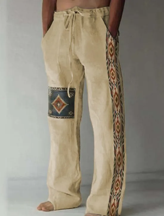Outlet OUKU Men's Geometric Pattern Graphic Prints Linen Pants Trousers Summer Pants Mid Waist Vintage Ethnic Style Retro Vintage Casual Daily Holiday Drawstring Elastic Waist 3D Print Spring & Summer 3D Print