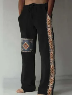 Outlet OUKU Men's Geometric Pattern Graphic Prints Linen Pants Trousers Summer Pants Mid Waist Vintage Ethnic Style Retro Vintage Casual Daily Holiday Drawstring Elastic Waist 3D Print Spring & Summer 3D Print