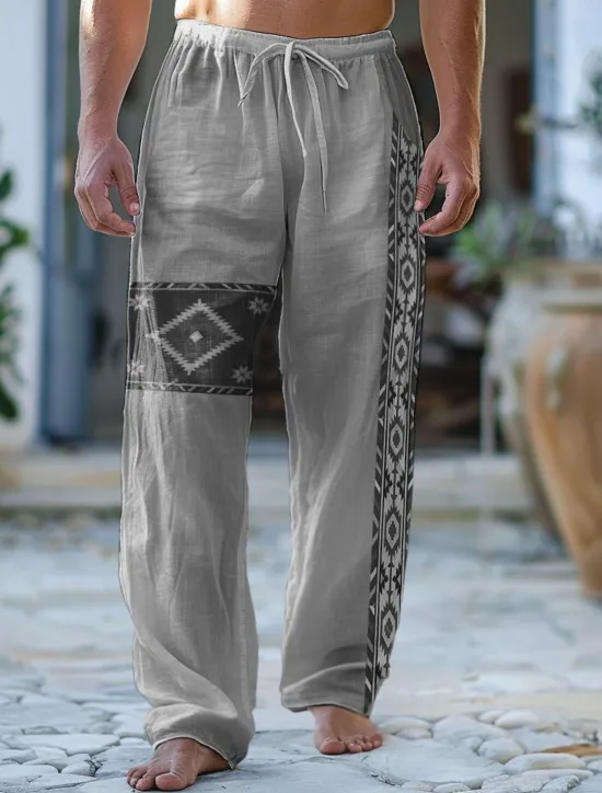 Outlet OUKU Men's Geometric Pattern Graphic Prints Linen Pants Trousers Summer Pants Mid Waist Vintage Ethnic Style Retro Vintage Casual Daily Holiday Drawstring Elastic Waist 3D Print Spring & Summer 3D Print
