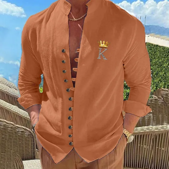 OUKU Men's Geometric Pattern Letter King Shirt Button Up Shirt Long Sleeve Fashion Streetwear Designer Outdoor Casual Daily Summer Spring Fall Stand Collar Print Black White Pink Blue Orange