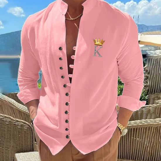 OUKU Men's Geometric Pattern Letter King Shirt Button Up Shirt Long Sleeve Fashion Streetwear Designer Outdoor Casual Daily Summer Spring Fall Stand Collar Print Black White Pink Blue Orange
