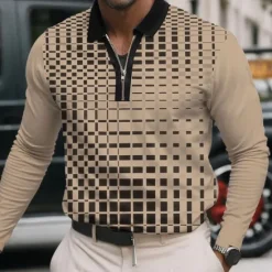 Discount OUKU Men's Geometric Pattern Polo Long Sleeve Turndown Modern Casual Sports & Outdoor Athleisure Casual Daily Zipper 3D Print Spring Fall Winter dark brown Light Brown White