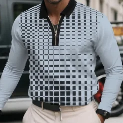 Discount OUKU Men's Geometric Pattern Polo Long Sleeve Turndown Modern Casual Sports & Outdoor Athleisure Casual Daily Zipper 3D Print Spring Fall Winter dark brown Light Brown White